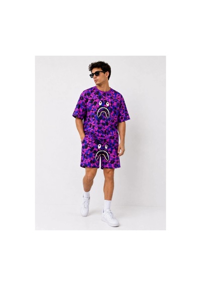 Butik İstanbul Erkek Oversize Kalıp Pubg Bape X Shark Nakışlı Cepli Şort Takım - Mor