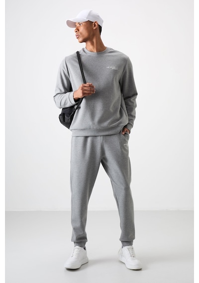 Tommy Life Gri Melanj Pamuklu Kalın Yumuşak Dokulu Comfort Fit Nakışlı Erkek Eşofman Takım - 85254 GRİ MELANJ
