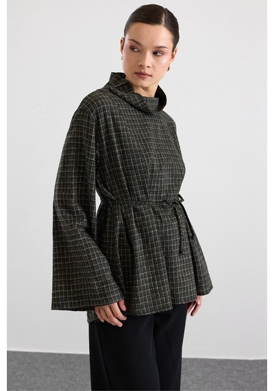 Olcay Degaje Yaka Oversize Kareli Bluz Haki 9839