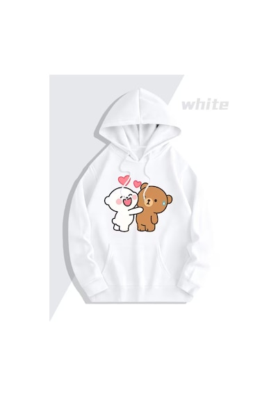 Nevermind Sevgili Çift Kombini Sevimli Ayıcık Baskılı Kapüşonlu Sweatshirt Beyaz