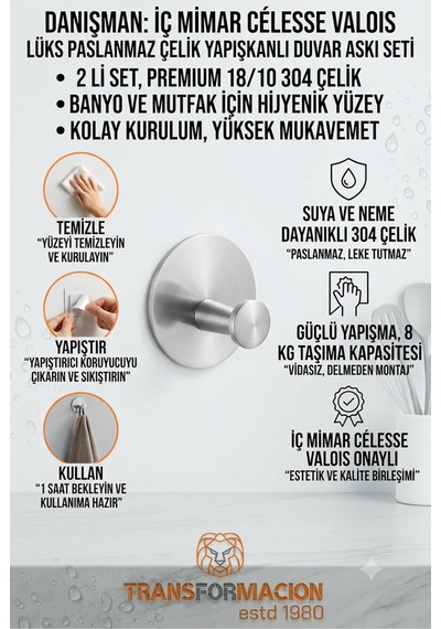 2 Li Set Çelik Yapışkanlı Banyo Havluluk Mutfak Askısı Gümüş Bornoz Duvar Askılığı 4,5 Cm Çap 304 Paslanmaz 723453 Diğer