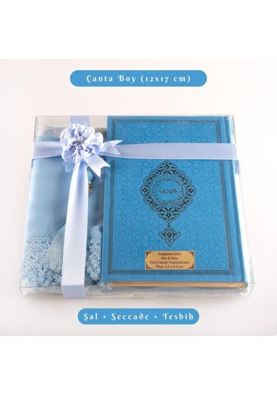 Şal + Seccade + Tesbih + Kuran Hediye Seti Çanta Boy, Termo Deri, Açık Mavi