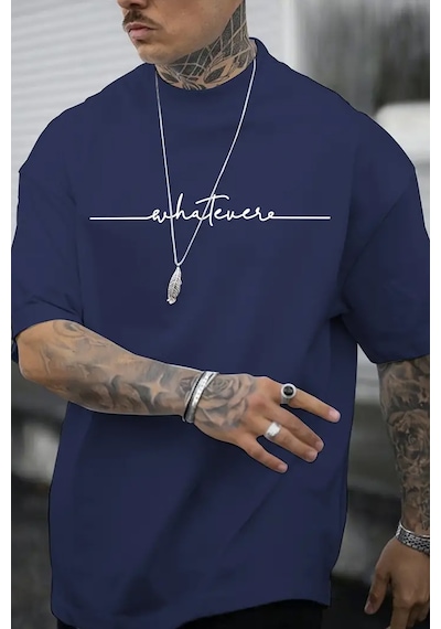 Erkek Whatever Baskılı Oversize Tshirt Lacivert