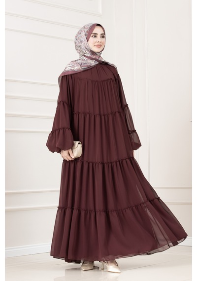 Sevitli Robalı Manolya Şifon Elbise-bordo-5783