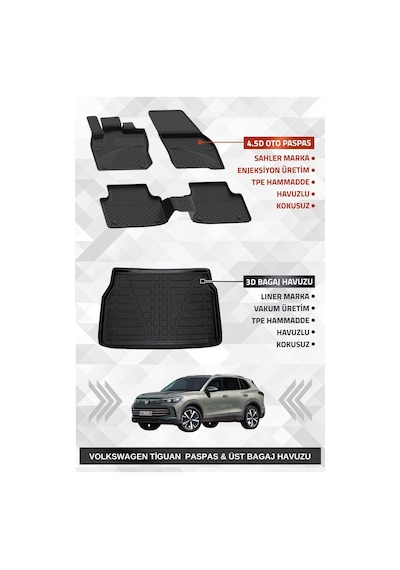 Sahler Volkswagen Tiguan 2024+ Uyumlu 4.5d Premium Havuzlu Paspas Ve Liner Marka 3d Üst Bagaj Havuzu