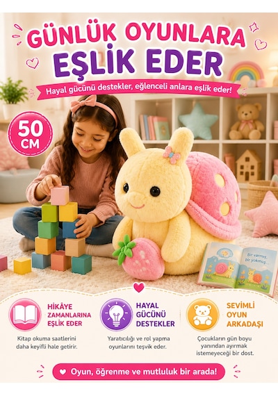 Salyangoz Figürlü Pembe Sırtlı Pelüş Oyuncak 50 Cm Büyük Boy Yumuşak Dokulu Dekoratif Pelüş