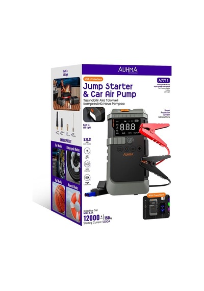 Auhma A7711 Dijital Ekranlı Taşınabilir Araç Akü Pompası, Led Işıklı, Psı/bar/kpa Göstergeli, Çoklu Bağlant