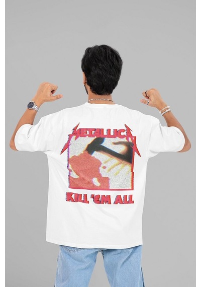 Metallica Kill 'em All Baskılı Unisex Oversize Müzik Grubu Tişört Beyaz