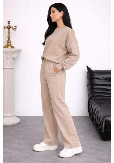 Balenbi Oversize Bisiklet Yaka Basic Modal Kadın Takım 1206 - Form Serisi Bej