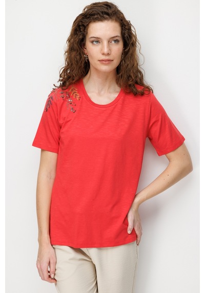Kadın Sıfır Yaka Tek Omuzu Nakışlı Penye T-shirt Mercan Mercan