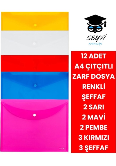 12 Adet A4 Çıtçıtlı Zarf Dosya Renkli Şeffaf 3 Şeffaf 3 Kırmızı 2 Sarı 2 Mavi 2 Pembe Kalın Mikron Diğer