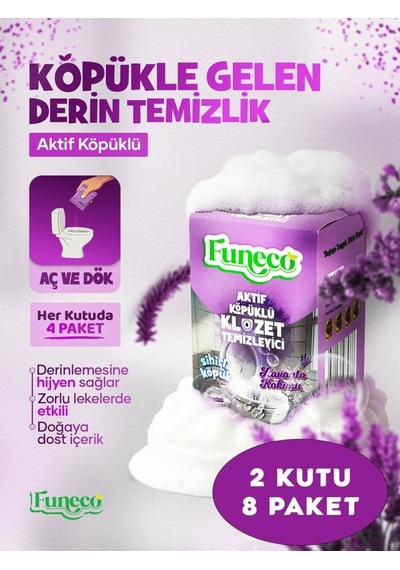 Funeco Lavanta Ferahlığı - Avantajlı Paket - 2 Kutu - 8 Paket - Tuvalet Klozet Temizleyici, Aktif Köpüklü