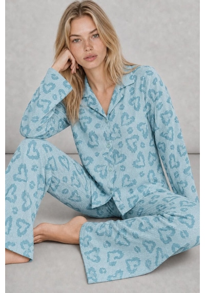 Kadın Uzun Kol Rahat Mavi Pijama Takımı 4761
