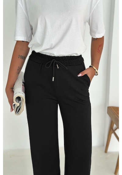 Noa & Noa Kadın Lastikli Bel Bağcıklı Bol Paça Pantolon Rahat & Minimal Stil Siyah