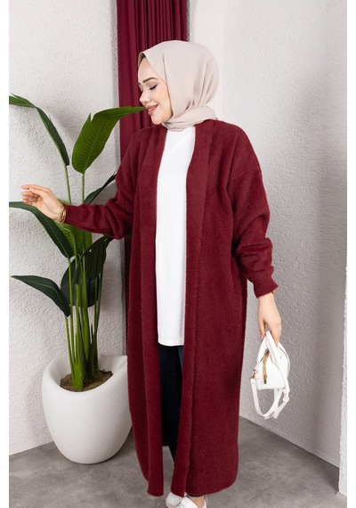 Hira Life Fashion Kadın Şal Yaka Uzun Triko Ve Sakallı Tüylü Hırka Bordo Bordo