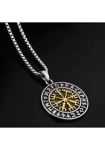 Viking Nordik Vegvisir İşlemeli Runik Sembollü 316l Paslanmaz Çel