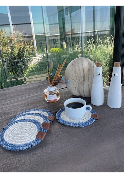4 Adet Yuvarlak Bardak Altlığı- Leke Tutmaz- Mavi-beyaz 13x13 Cm Beyaz - Mavi