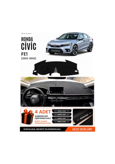Honda Cıvıc Fe1 2022-2026 Uyumlu Torpido Örtüsü, Torpido Kılıfı - Siyah Gri