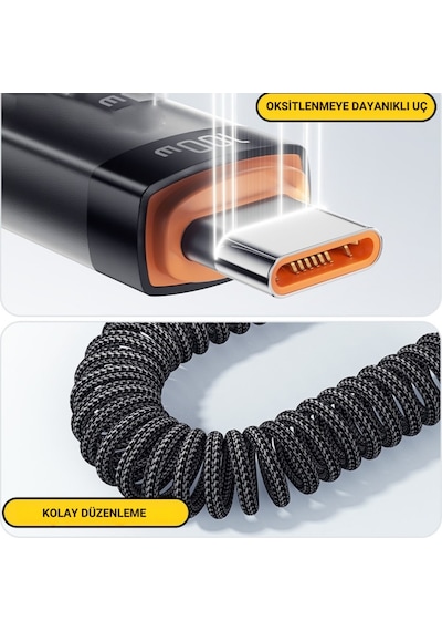 Essager Pd 100w 7a Usb To Type-c 1.2m Yaylı Spiral Data Ve Hızlı Şarj Kablosu, Kopmaz, Karışmaz Kablo