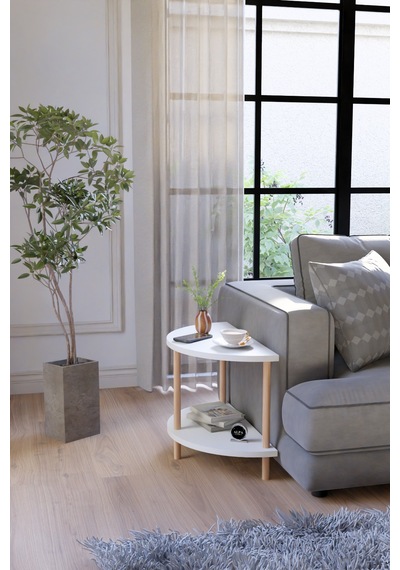 Modern Ahşap İki Raflı Koltuk Yanı Sehpa Çevirmeli Kurulum Salon Yan Sehpası Beyaz