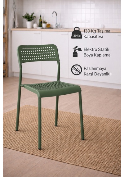 Mira Yeşil Sandalye Plastik Gövdeli Metal Ayaklı, Mutfak Sandalyesi, Çalışma, Bahçe, Yemek Oda 4 Adet
