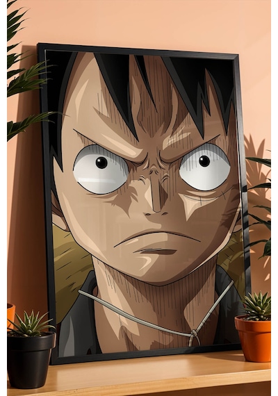 One Piece Luffy Kararlı Portre Çerçeveli Tablo - Premium Genç Odası Anime Duvar Dekoru Poster Siyah