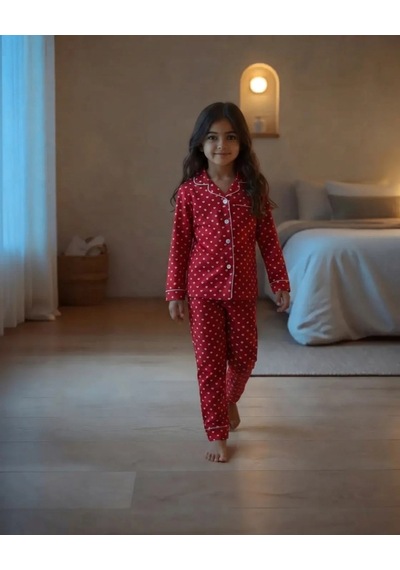 Dolaş Kids Kız Çocuk Kırmızı Kalp Desenli Önden Düğmeli Pijama Takımı 2