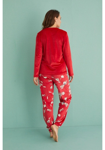Mihra Stil Mihra 13312-5 Kadın Kışlık Kadife Pijama Takımı Kırmızı