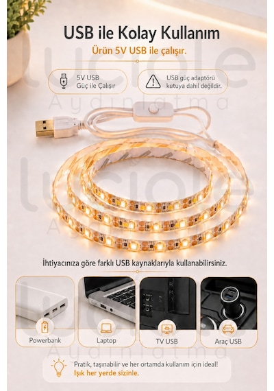 3 Metre 5v Usb Amber Şerit Led Anahtarlı Mutfak Tezgah Altı Tv Masa Kamp Powerbank Sıcak Işık