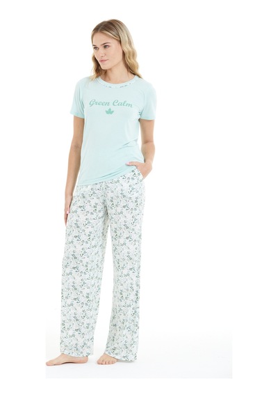Lılac Kadın Çiçek Desenli %100 Viscon Pijama Takımı Mint Mint