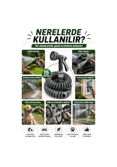 15 Metre Spiral Bahçe Hortumu Seti Çok Fonksiyonlu Sulama Tabancalı Patlama Ve Kopmaya Dayanıklı