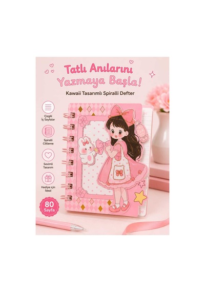 Sevimli Kız Figürlü Pembe Spiralli Mini Defter Çizgili Not Defteri Pembe Pembe