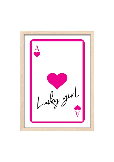 Lucky Girl Oyun Kartı Doğal Ahşap Çerçeveli Poster, Dekoratif Pembe Duvar Tablosu
