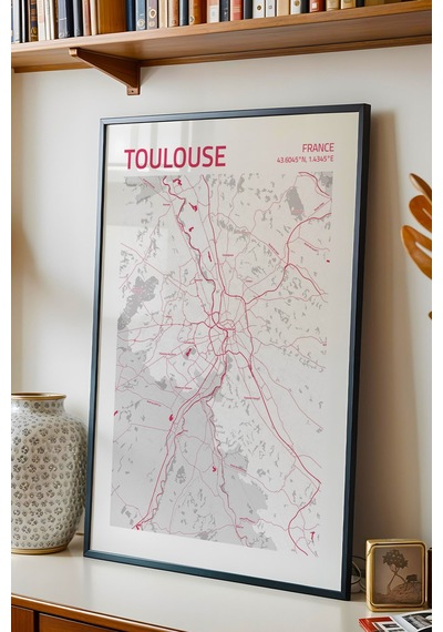 Tuzul Fransa Toulouse - France Haritası Çerçeveli Tablo Lüks Salon Ofis Duvar Dekorasyonu Tablo