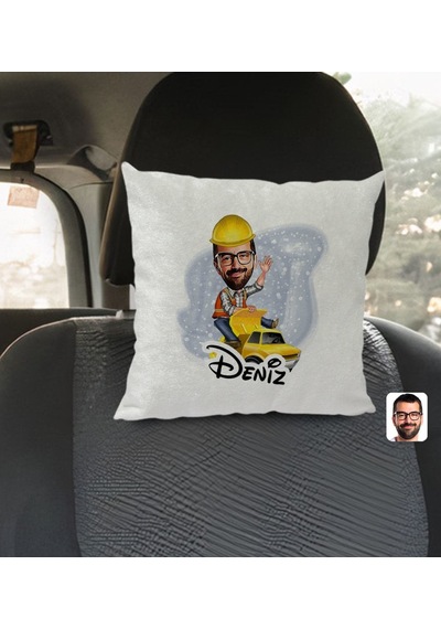 Bk Gift Kişiye Özel İsimli Erkek Yol Mühendisi Karikatürlü Kare Araç Koltuk Yastığı-1 Çok Renkli