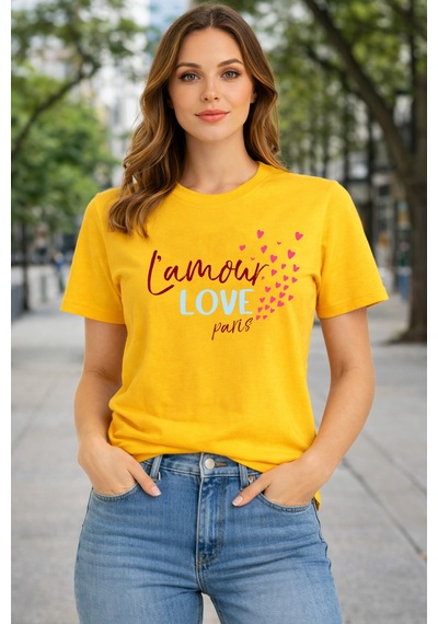 Herkesemoda Lamour Love Baskı Detaylı Basic T-shırt Sarı
