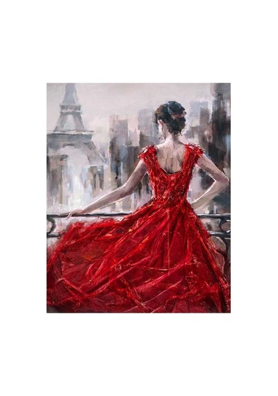 Pariste Kırmızı Elbiseli Kadın Sayılarla Boyama Seti - Çerçeveli, 40x50cm
