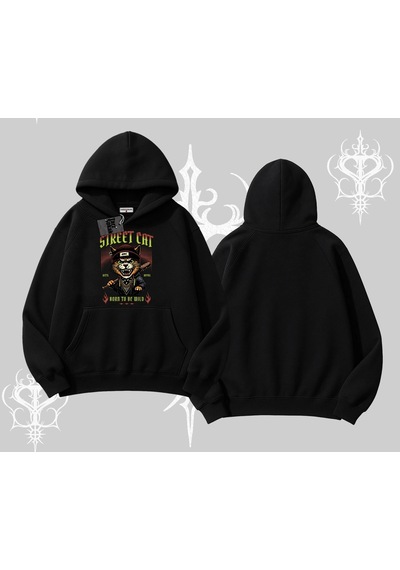 Startmore Street Cat Kedi Baskılı Kapşonlu Sweatshirt Siyah