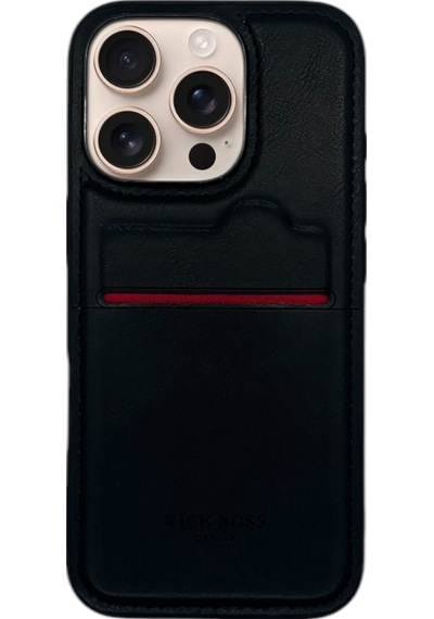 Apple Uyumlu iPhone 16 Pro Max Kartlıklı Rich Boss Lüx Deri Kılıf Siyah