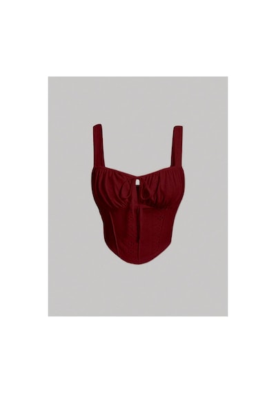 Meren Like Your Syle Bordo Nakış Desenli Göğüs Dekolteli Geniş Askılı Üst Crop Bordo
