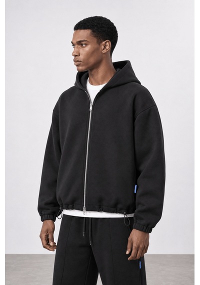 Respire Erkek Lastik Detaylı Panda Oversize Zip Siyah