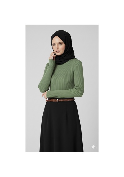 Sonbaharmoda Kadın Boğazlı Likralı Triko Badi Parmak Geçmeli Kol, Tek Beden,100% Akrilik Fıstık Yeşili