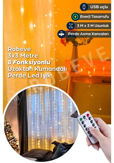 3x3 Metre Usb Peri Led Kumandalı Perde Asma Kancalı Peri Led Yılbaşı Led Gün Işığı Led Işık 8 Modlu