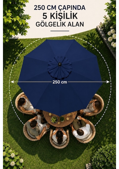 Alubrella Lacivert Bahçe, Güneş Şemsiyesi Yuvarlak 250 Cm Çap/8 Çelik Tel Bidonsuz