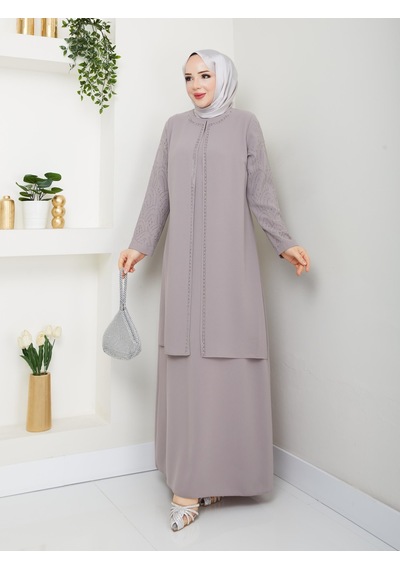 Eslemnur Kolları Taşlı Büyük Beden Anne Elbisesi Vizon