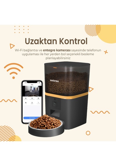 Haustier Qq005 Siyah Kameralı Akıllı Kedi Köpek Otomatik Mama Kabı, Tuya App-wifi Uzaktan Kontrol, Sesle Çağırma, 480p Kamera, 6lt Hazne, Metal Kase