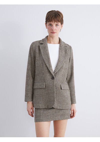 Lcw Vision Kahverengi V Yaka Ekose Kadın Kaşe Blazer Ceket