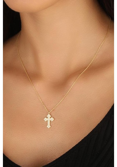 Beyaz Taşlı Gümüş Haç Kolye Iı Rose Gold