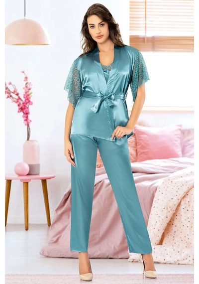 Faal 4909 Kadın Dantel Detaylı Saten Sabahlıklı İp Askılı Pijama Takım-mavi Mavi