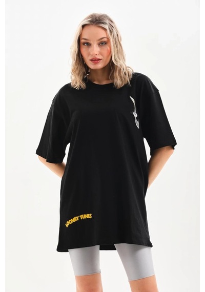 Kadın Baskılı Oversize Kısa Kol T-shirt - Siyah Siyah